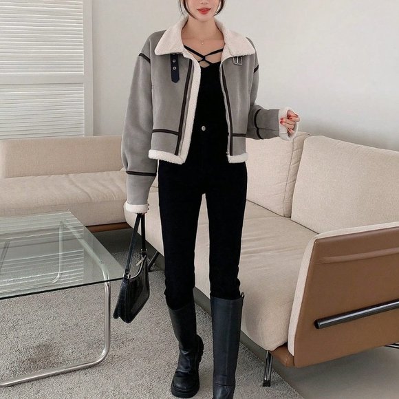 Grey Casual Womens Buckled Detail Drop Shoulder Teddy Lined Zip Up Jacket - Picture 4 of 5